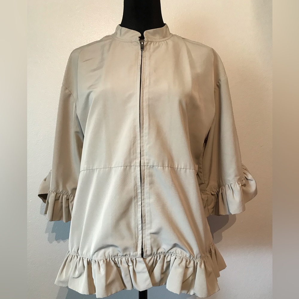 C+D+M Zip Front Tan Jacket Size M with Ruffle Hem Lines